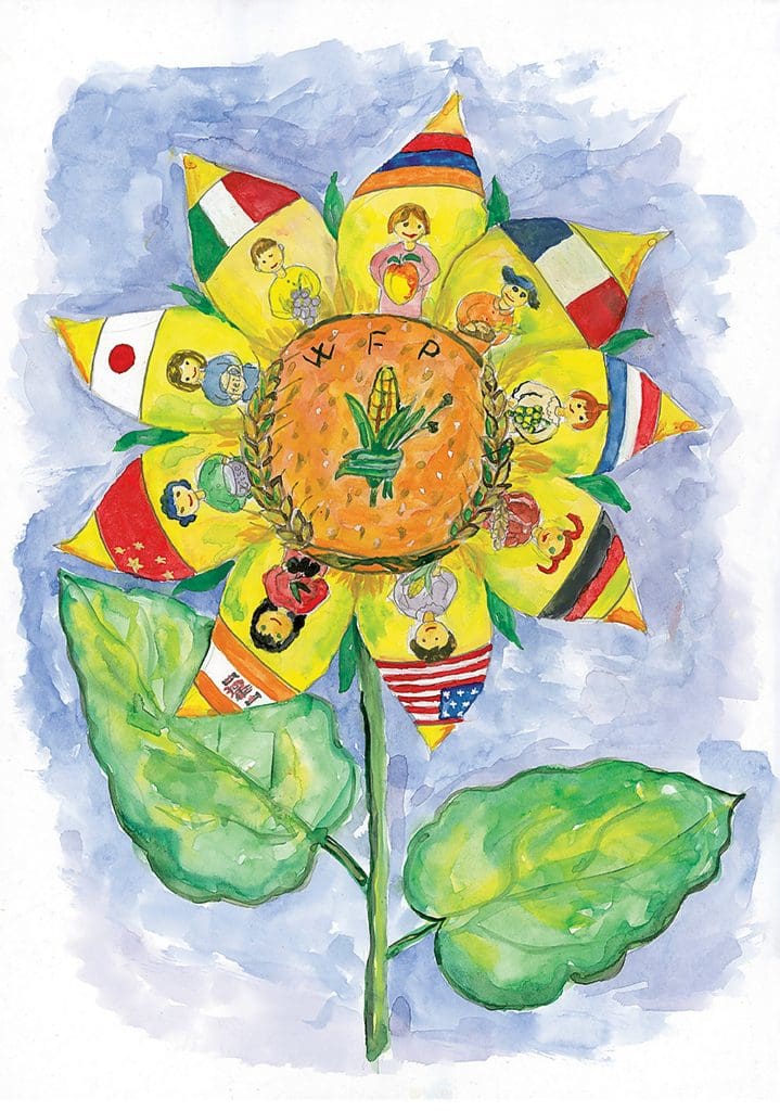 Zhenya Movsisyan, a 9-year-old in Armenia, depicts some of the countries that support WFP — Germany, Japan, the United States of America, among others — as petals on a sunflower with the ultimate global goal in the center: Nutritious food for all