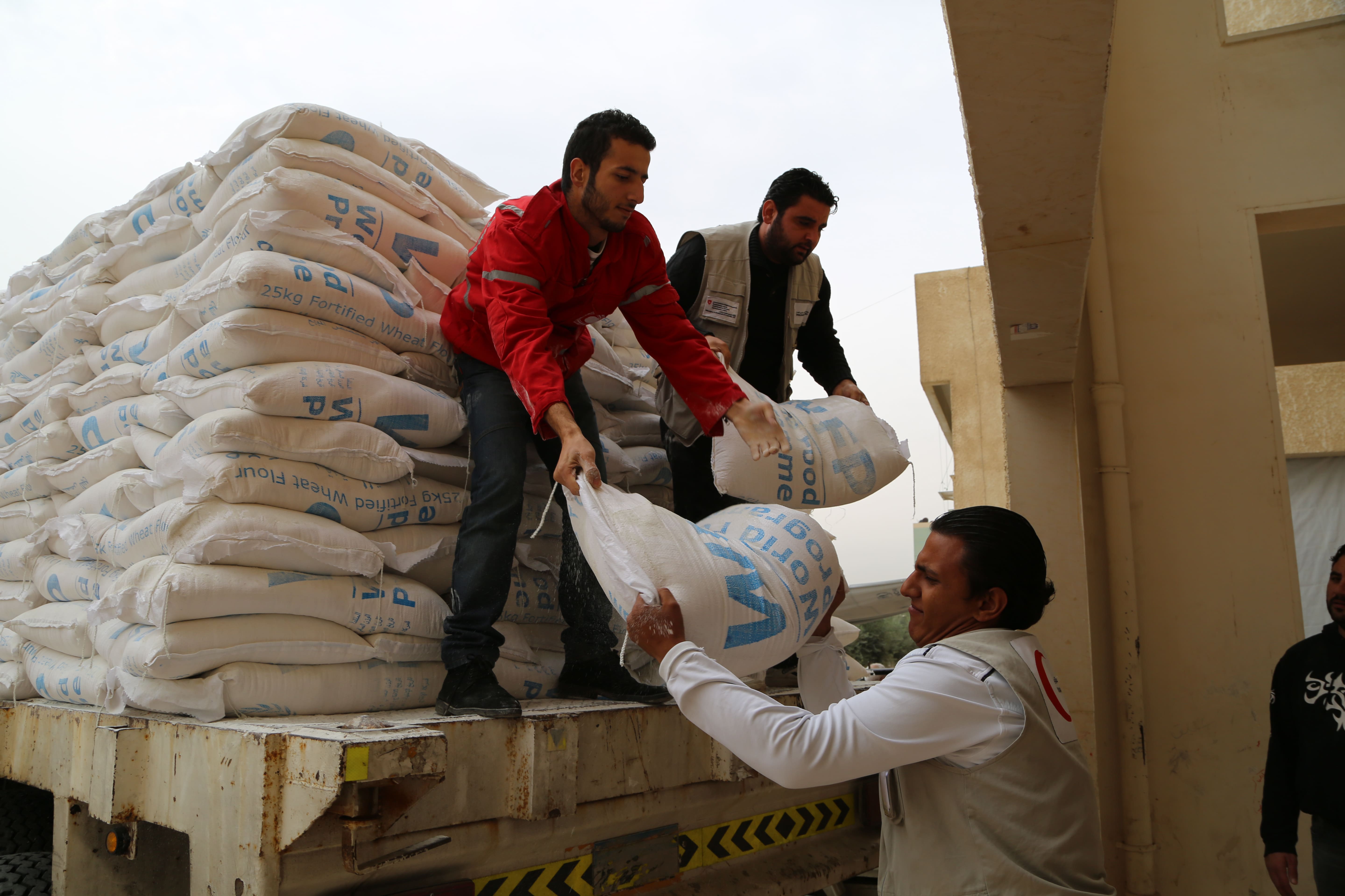 Volunteers pass along bags of WFP flour from the back of a truck