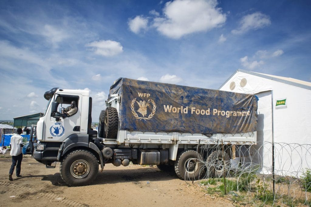 A WFP truck outside a warehouse in South Sudan