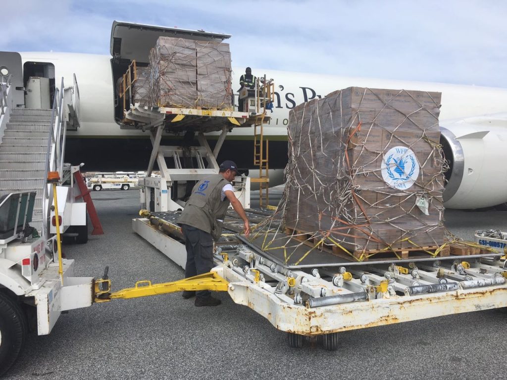 A man stands over a shipment of WFP boxes that are being hauled out of an airplane