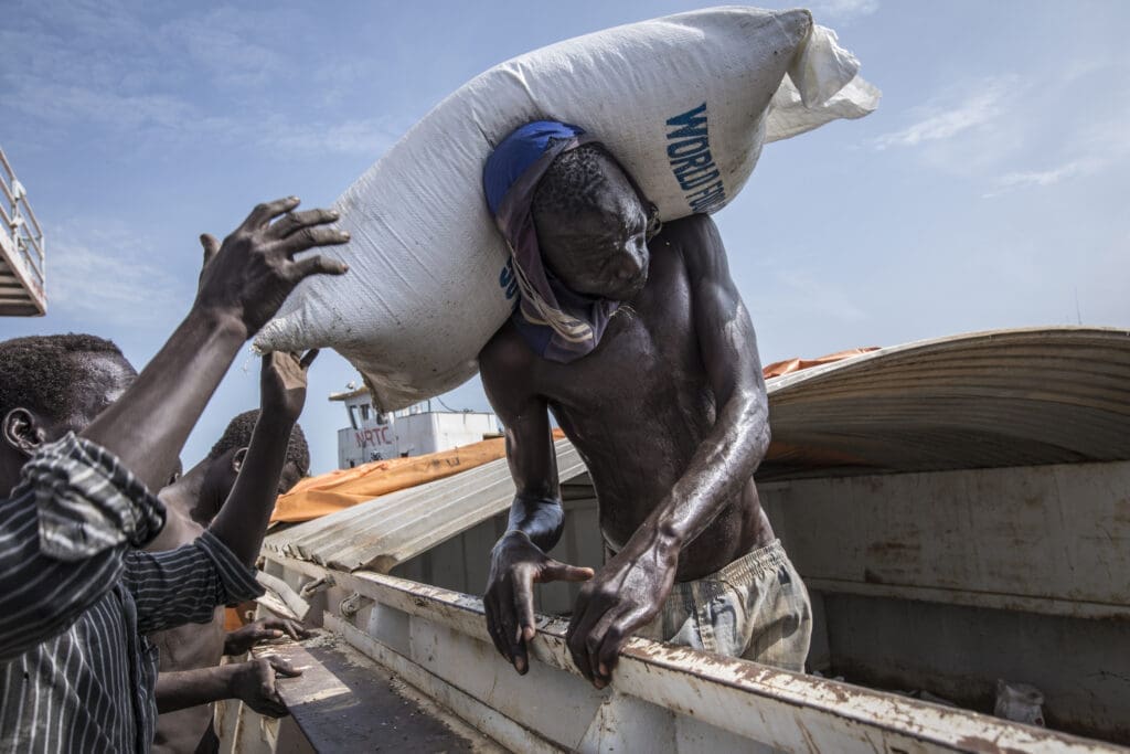A river barge being offloaded in South Sudan