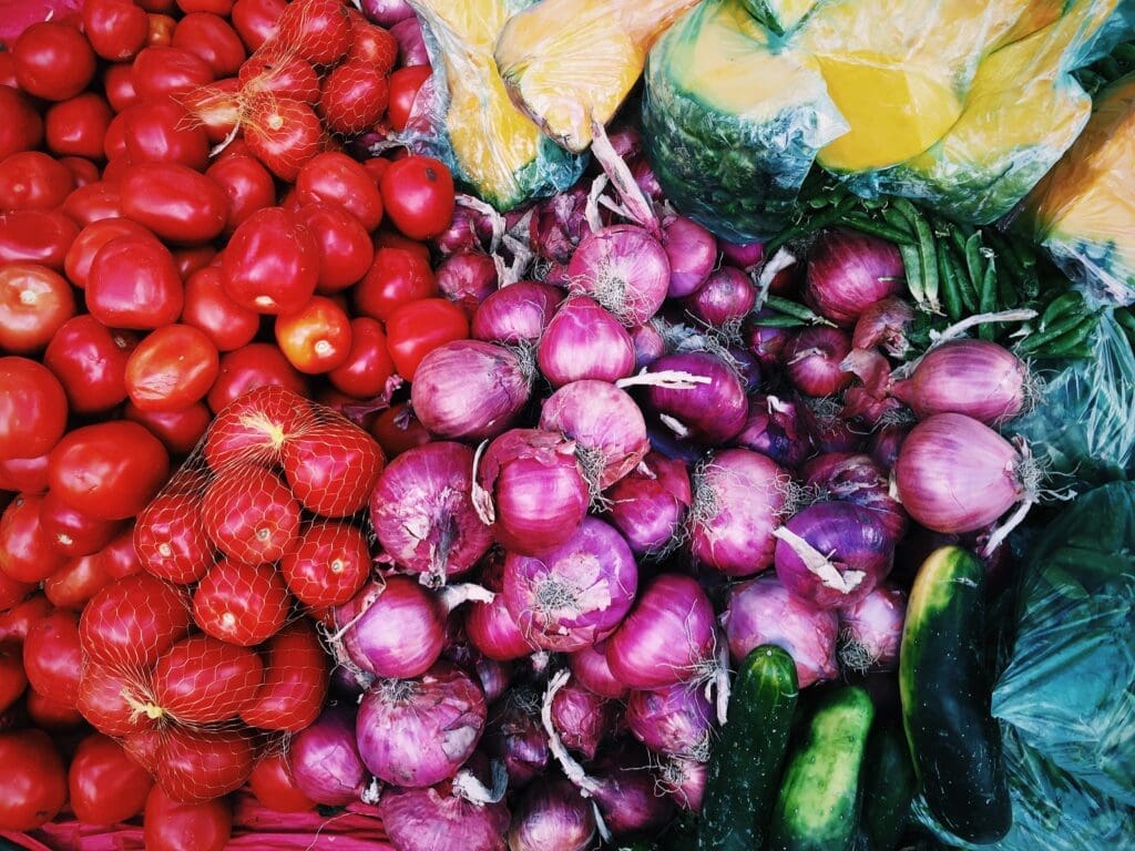 Colorful vegetables displayed at a market.