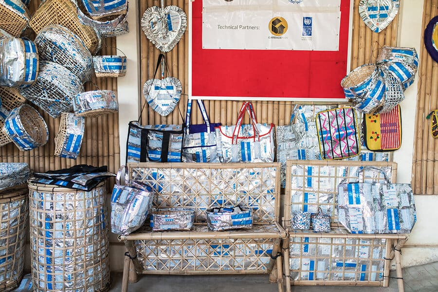 upcycled aluminum bags made from UN WFP packaging in Cox's Bazar refugee camp