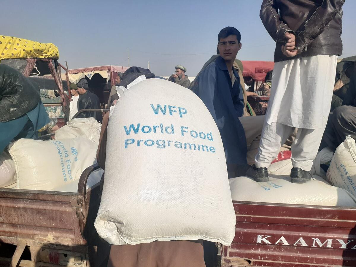 men lifting bag of WFP food onto bed of truck